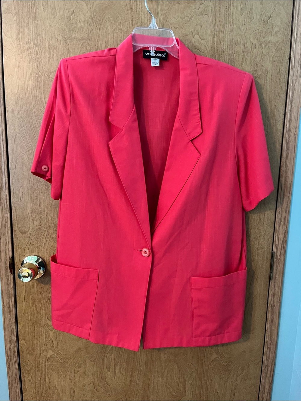 Sag Harbor Red Short-Sleeve Women’s Blazer Size 18 Shoulder Pads Pockets EUC